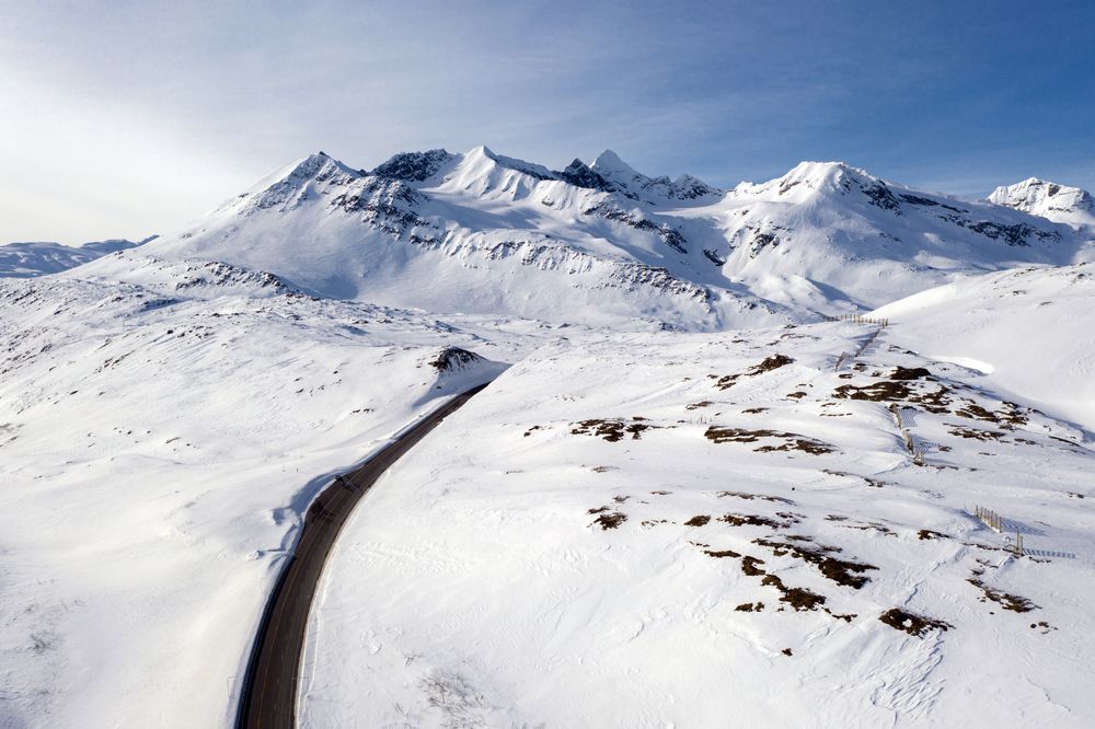Aerial view of the snow-covered Thompson Pass