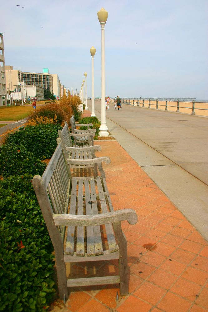 Wooden benches at Virginia Beach Boardwalk