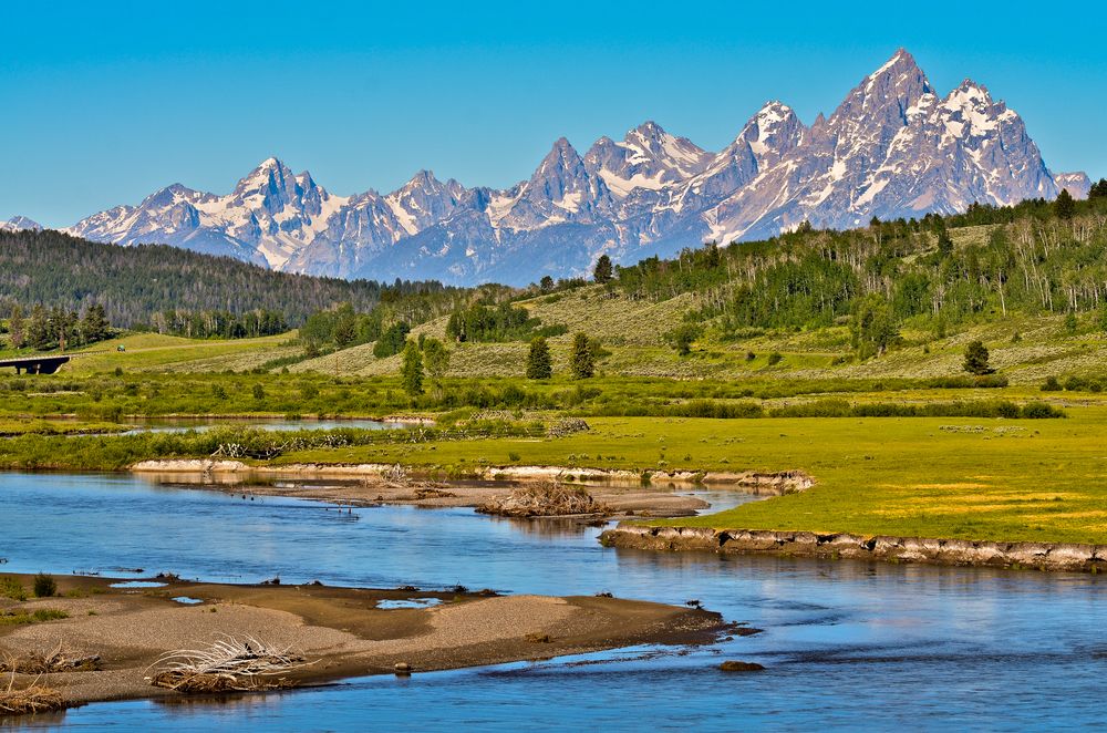 Beautiful view of the mountains and land at Grand Teton National Park.