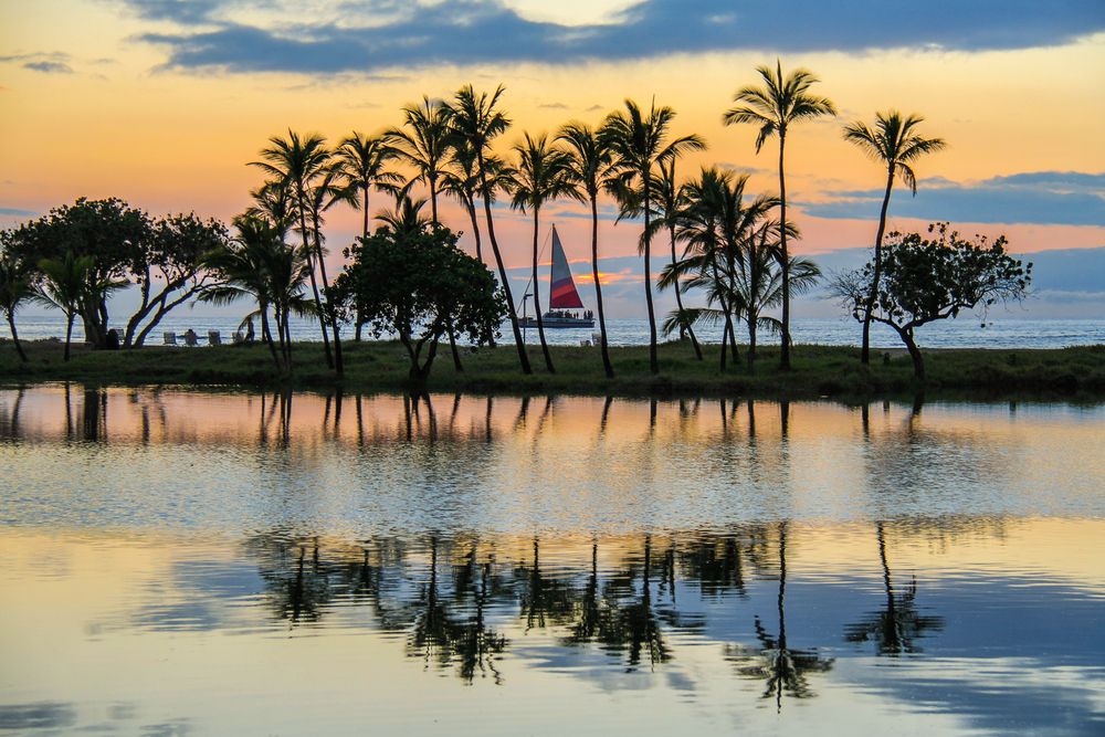 Sunset reflecting on Mauna Lani Resort waters