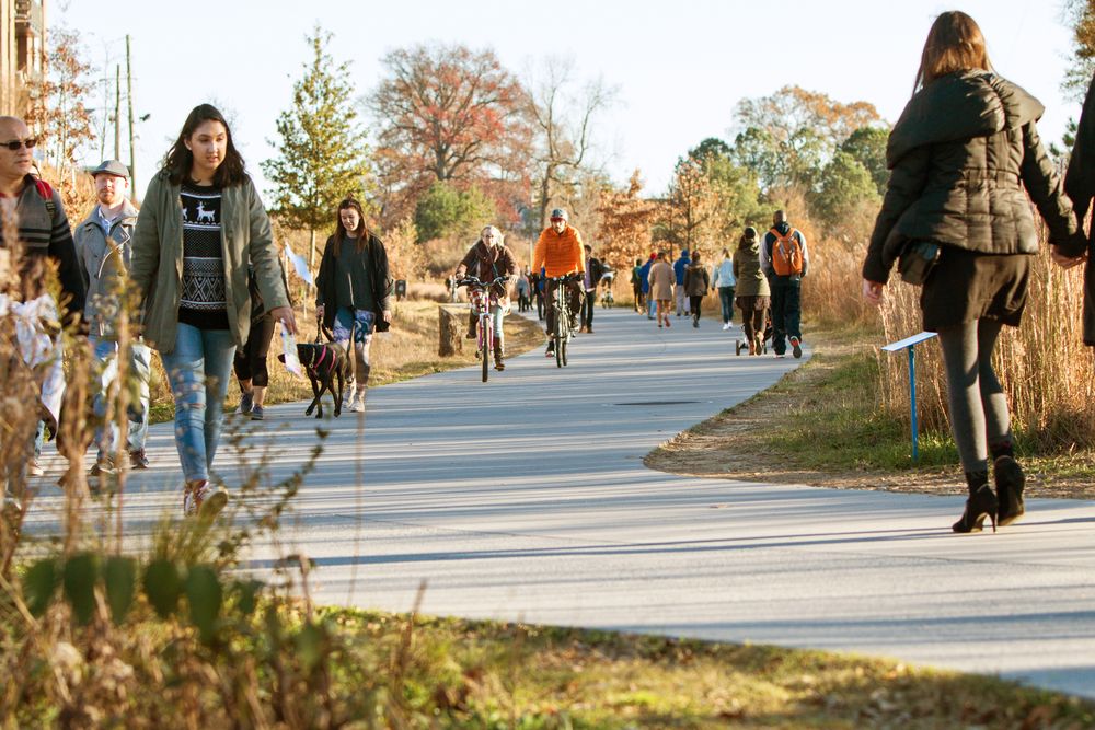 People walking, others are riding their bikes on a sunny day outside.