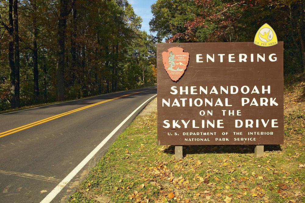 Road sign for Shenandoah National Park's entrance from Waynesboro