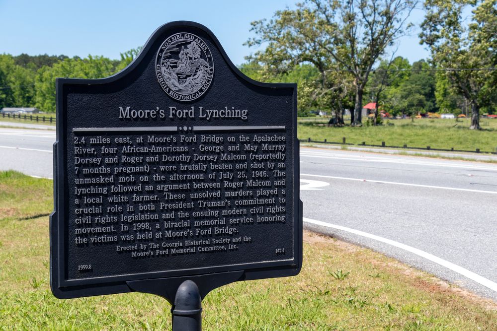 Close view of Moore’s Ford Lynchings Historical Marker
