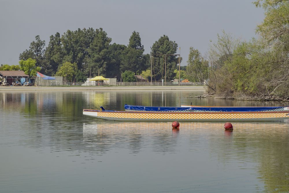 An empty boat on Santa Fe Dam Recreation Area