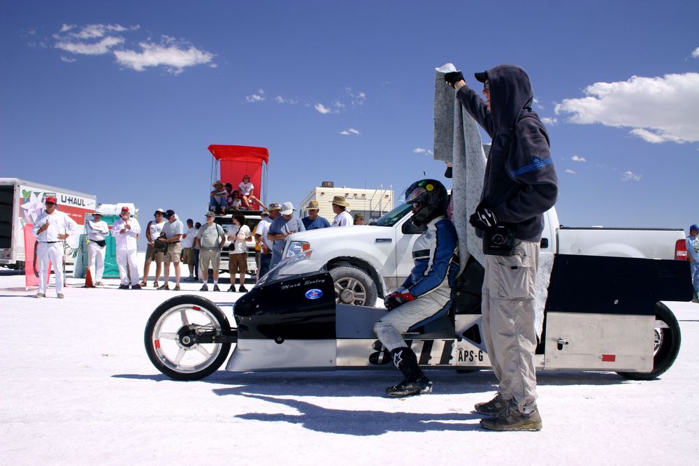 A person preparing for the Bonneville Motorcycle Speed Trials
