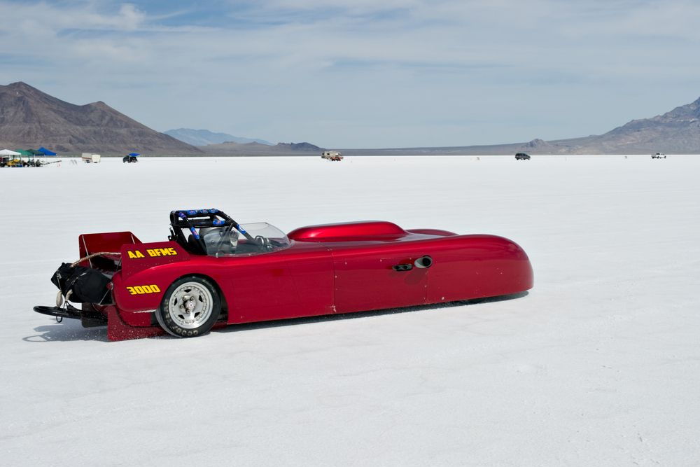 A vehicle on the salt flats during Bonneville Speed Week