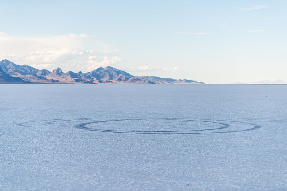 Car tire marks on Bonneville Salt Flats