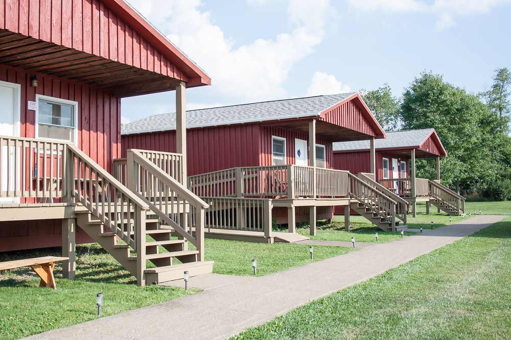Wooden cabins at Farm Sanctuary