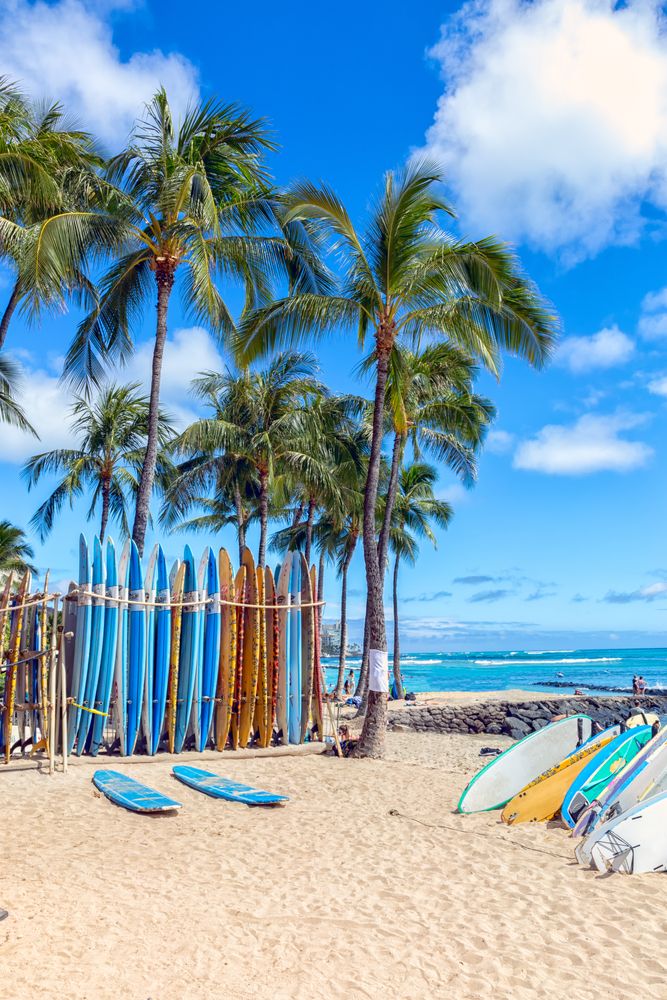 Stacked surfboards at Waikiki Beach
