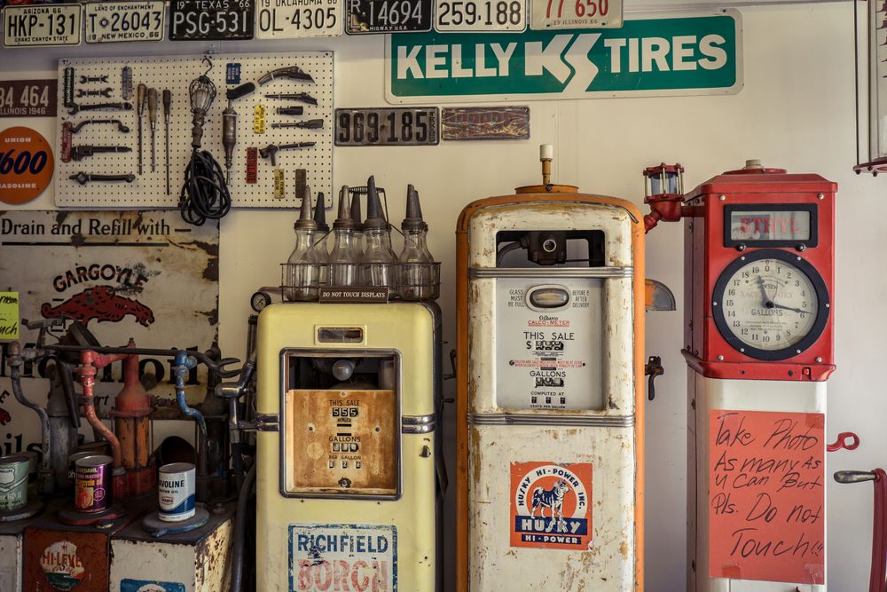 Antique gas pump displayed in Pete's Route 66 Gas Station Museum