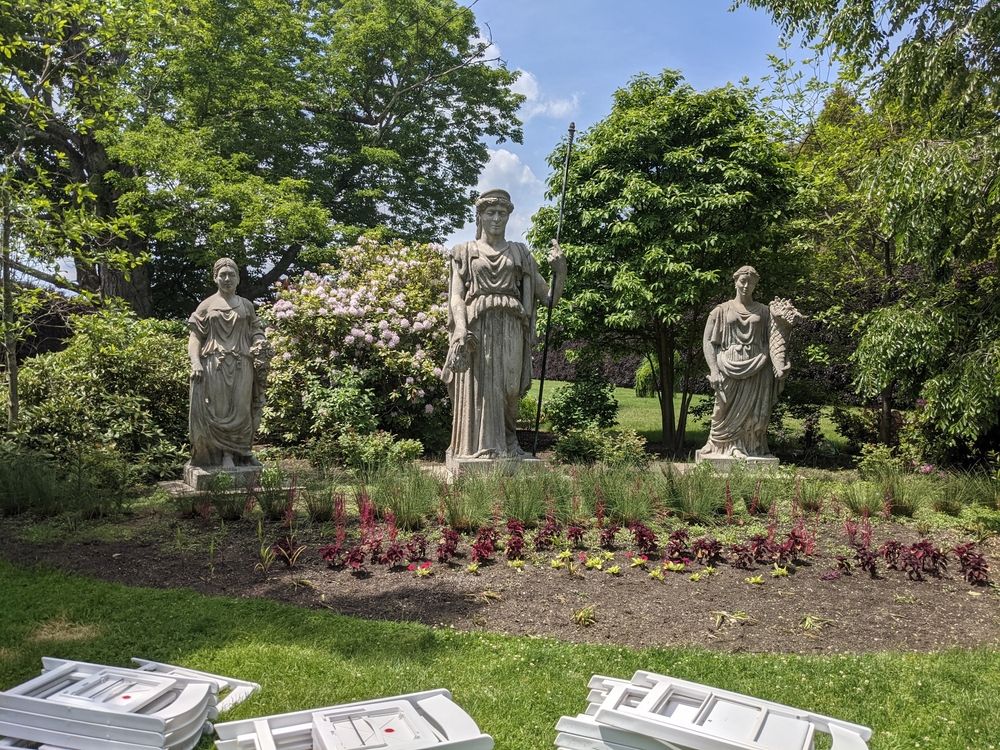 Greek goddess statues at the Gardens at Elm Bank