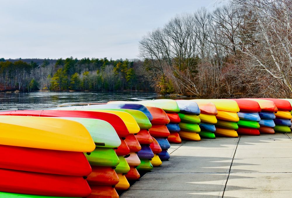 Colorful kayak boats at Hopkinton State Park