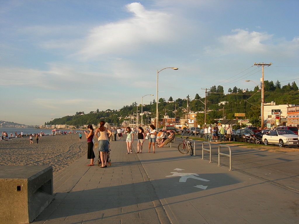 People walking along Alki Beach Park