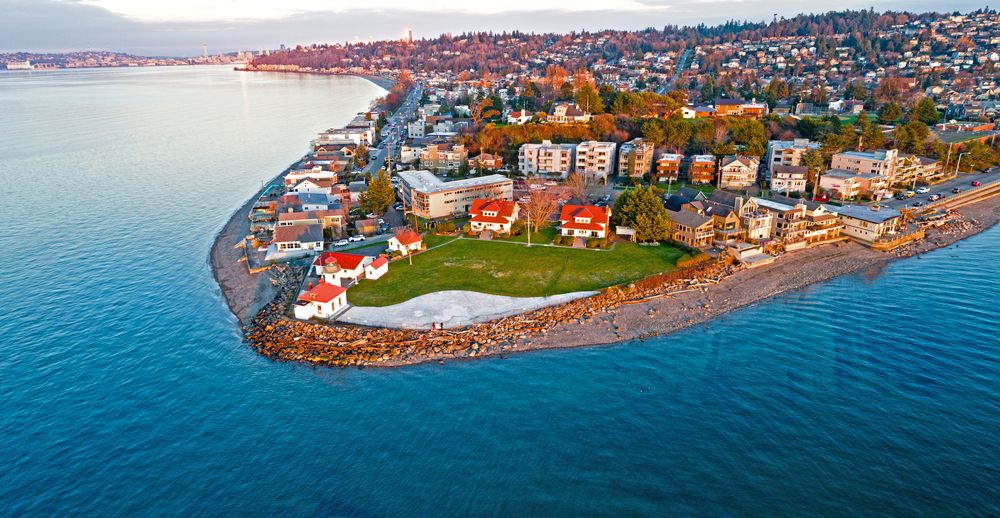Aerial view of Alki Point Lighthouse