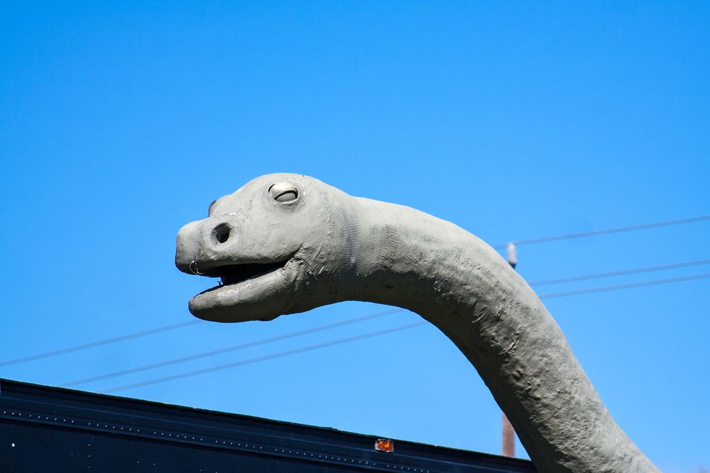 Head of a dinosaur sculpture at Dinosaur Park