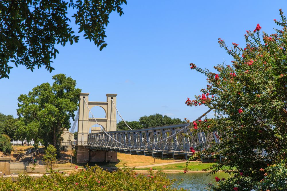 Daytime view of Waco Suspension Bridge