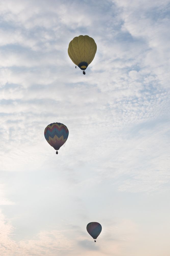 Three hot air balloons taking flight with clear skies as background.
