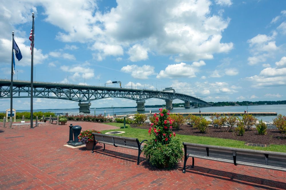 Wooden benches along Riverwalk Landing