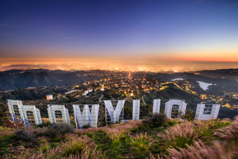 LOS ANGELES, CALIFORNIA – FEBRUARY 29, 2016: The Hollywood sign overlooking Los Angeles. The iconic sign was originally created in 1923.