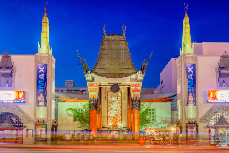 Grauman’s Chinese Theater on Hollywood Boulevard, illuminated at night, stands as a historic landmark, renowned for its celebrity handprints and footprints.
