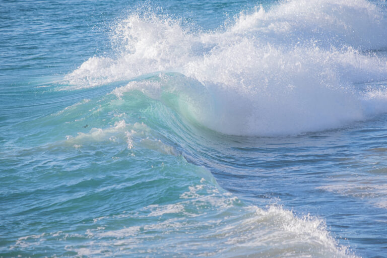 A vibrant wave crests with a splash of foam at Treasure Island Beach, near Wesley Drive, showcasing the dynamic beauty of the ocean.