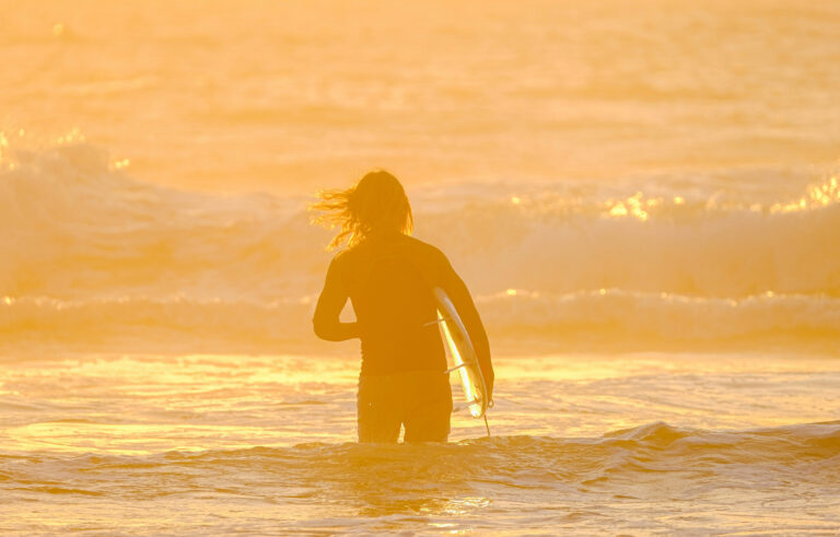 A surfer stands in the serene waters of Black’s Beach, California, basking in the warm glow of the setting sun.