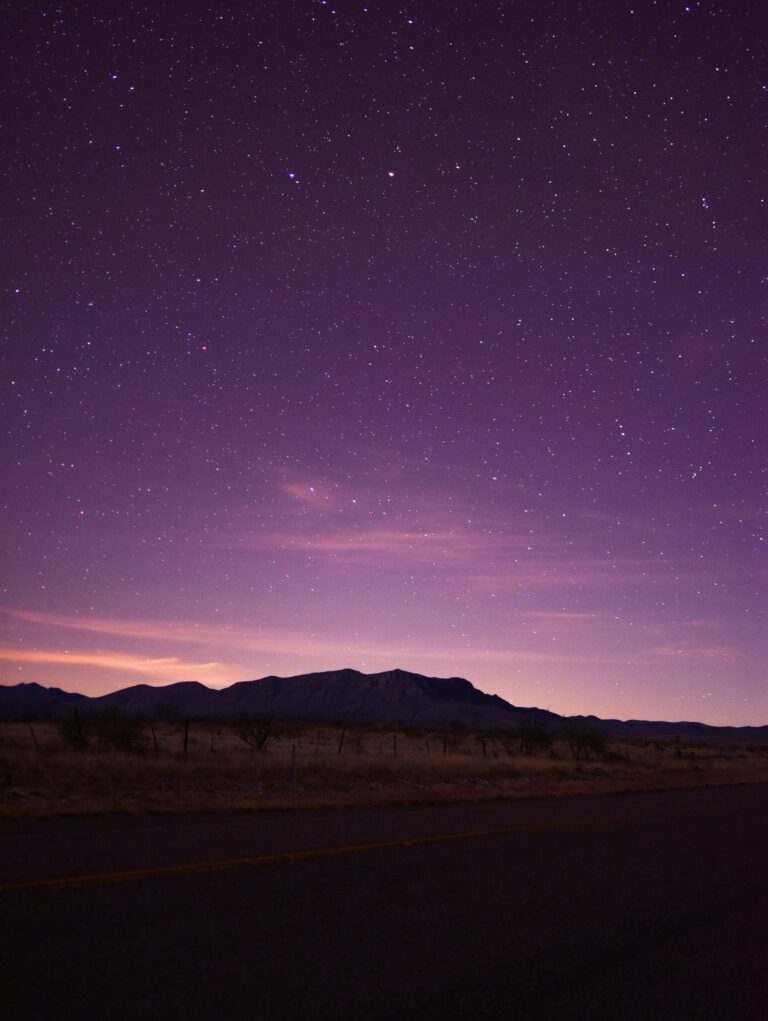 A serene night sky peppered with stars blankets the tranquil landscape just outside Big Bend National Park in Texas.