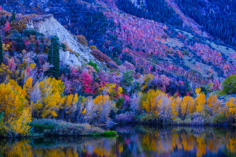 Autumnal hues blanket the landscape around Lower Bell Canyon Reservoir in Utah, reflecting serenity in the still waters.