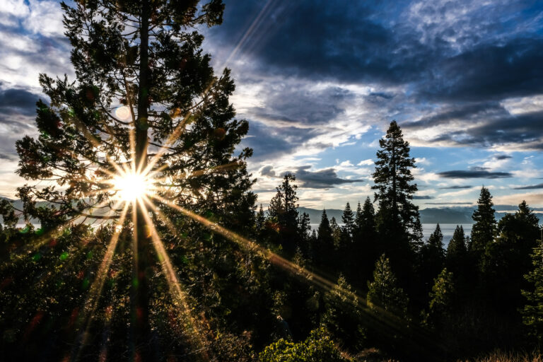 Sunset rays pierce through the forest at Carnelian Bay, casting a serene glow over the tranquil waters of Lake Tahoe.
